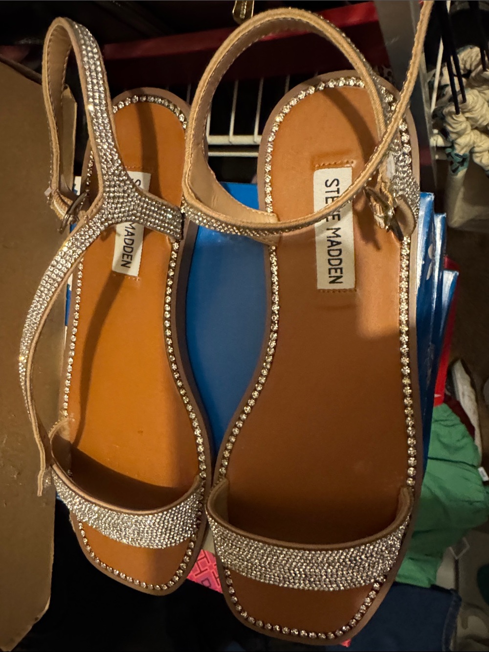 Steve Madden Rose Gold Rhinestone T-Strap Flat Sandals - Picture 2 of 4